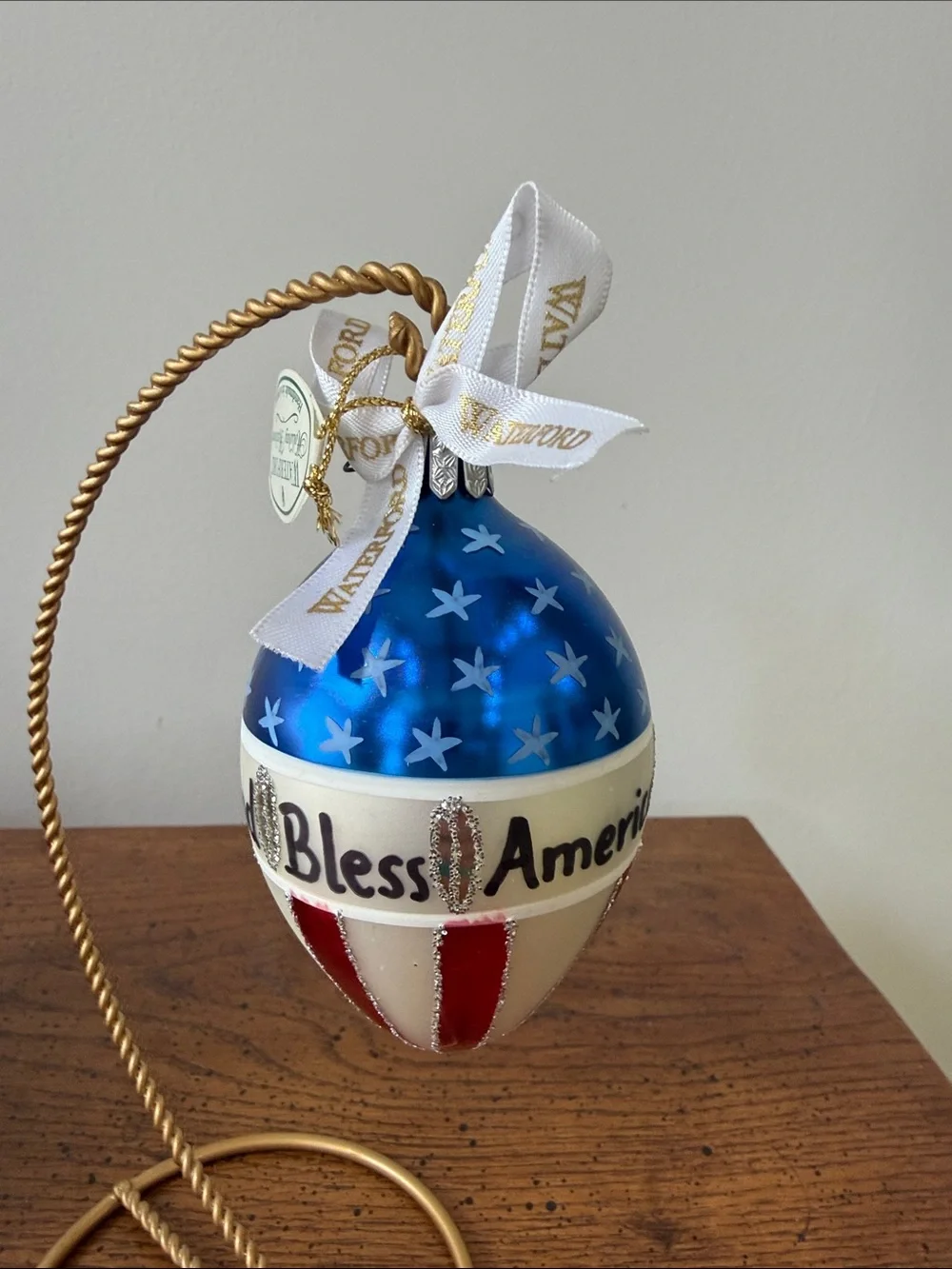 Waterford Blue, White & Red “God Bless America” Holiday Ornament